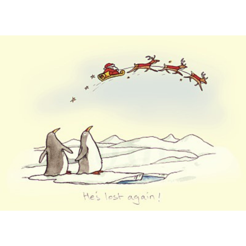 carte postale représentant des pingouins qui regardent le traineau du père Noël dans le ciel