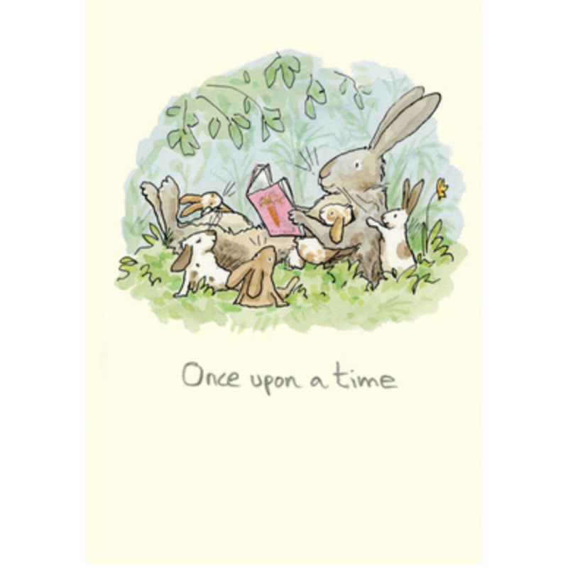 carte postale illustrée par Anita Jeram et représentant un lapin qui lit un livre à des lapereaux