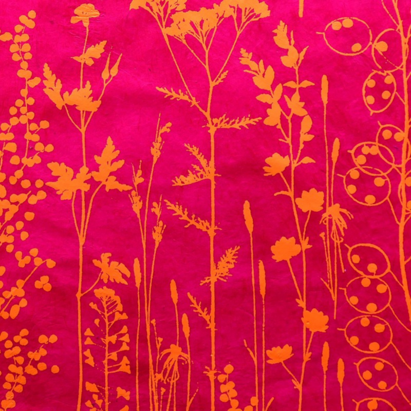 feuille de papier lokta fabriquée au népal motif d'herbes hautes orange sur fond rose