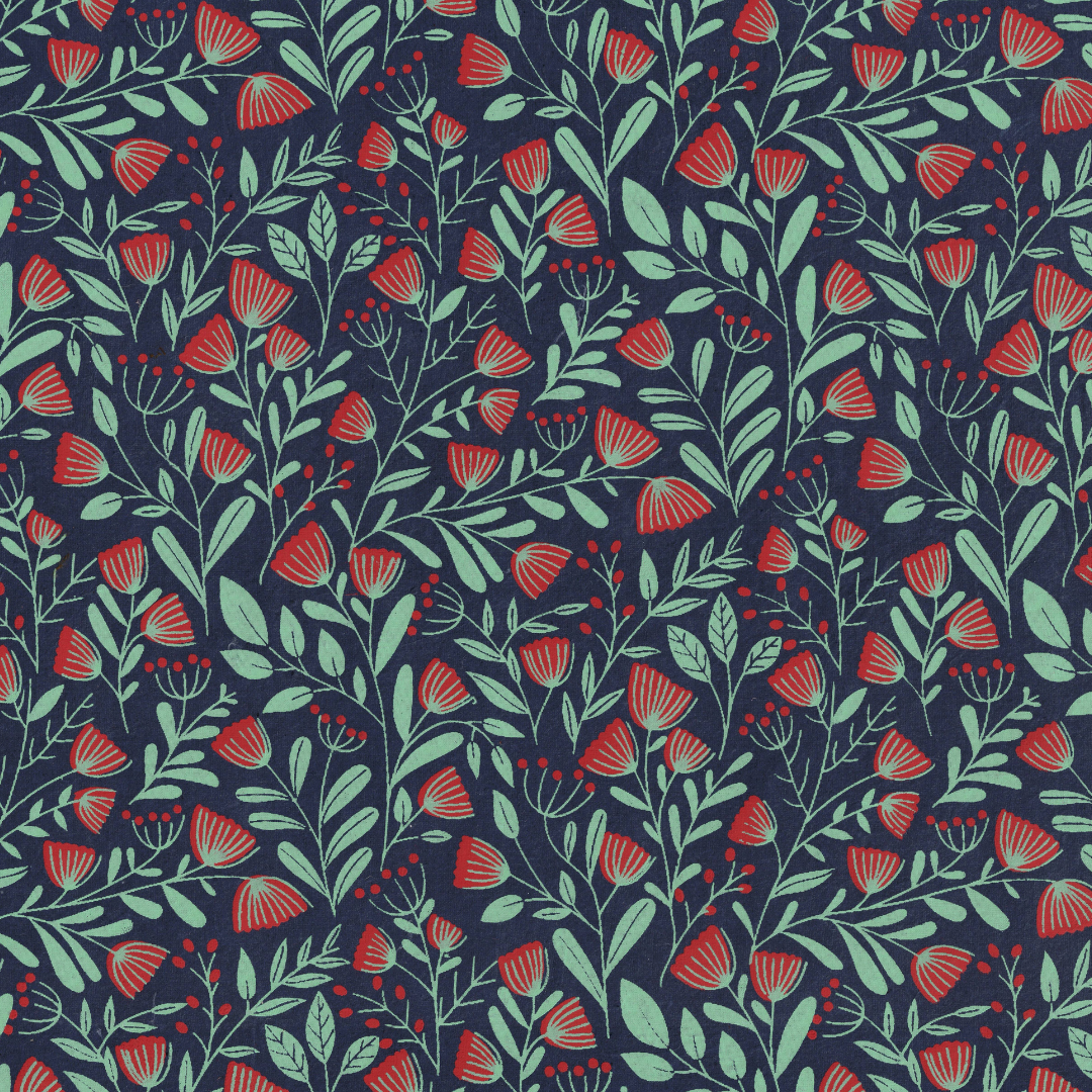 Decorative floral pattern with red trumpet-shaped flowers and green leaves on a navy background.