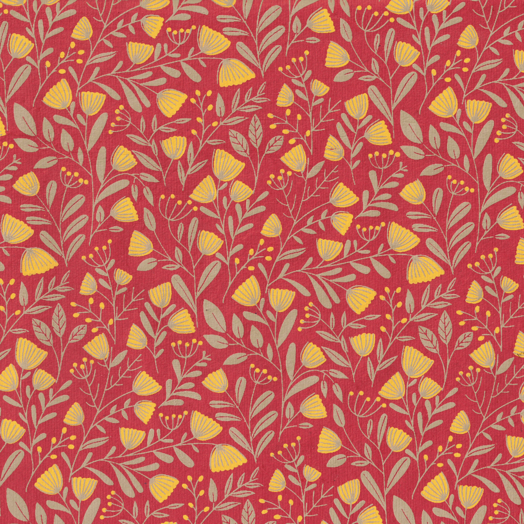 Decorative seamless floral pattern: yellow blossoms with beige leaves on a red background.