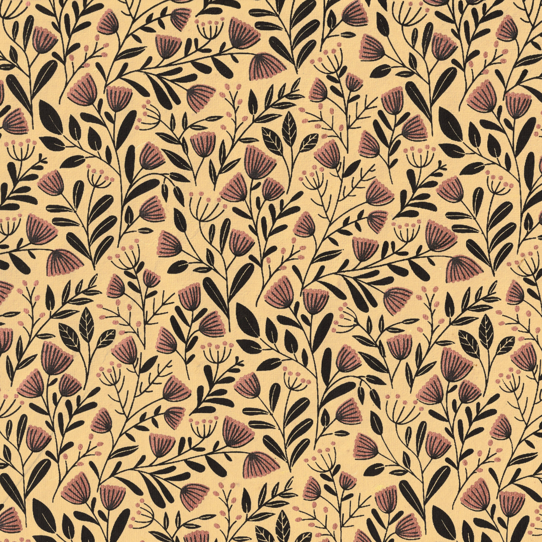 Decorative beige floral pattern with black stems and pink blossoms, repeating across the surface.