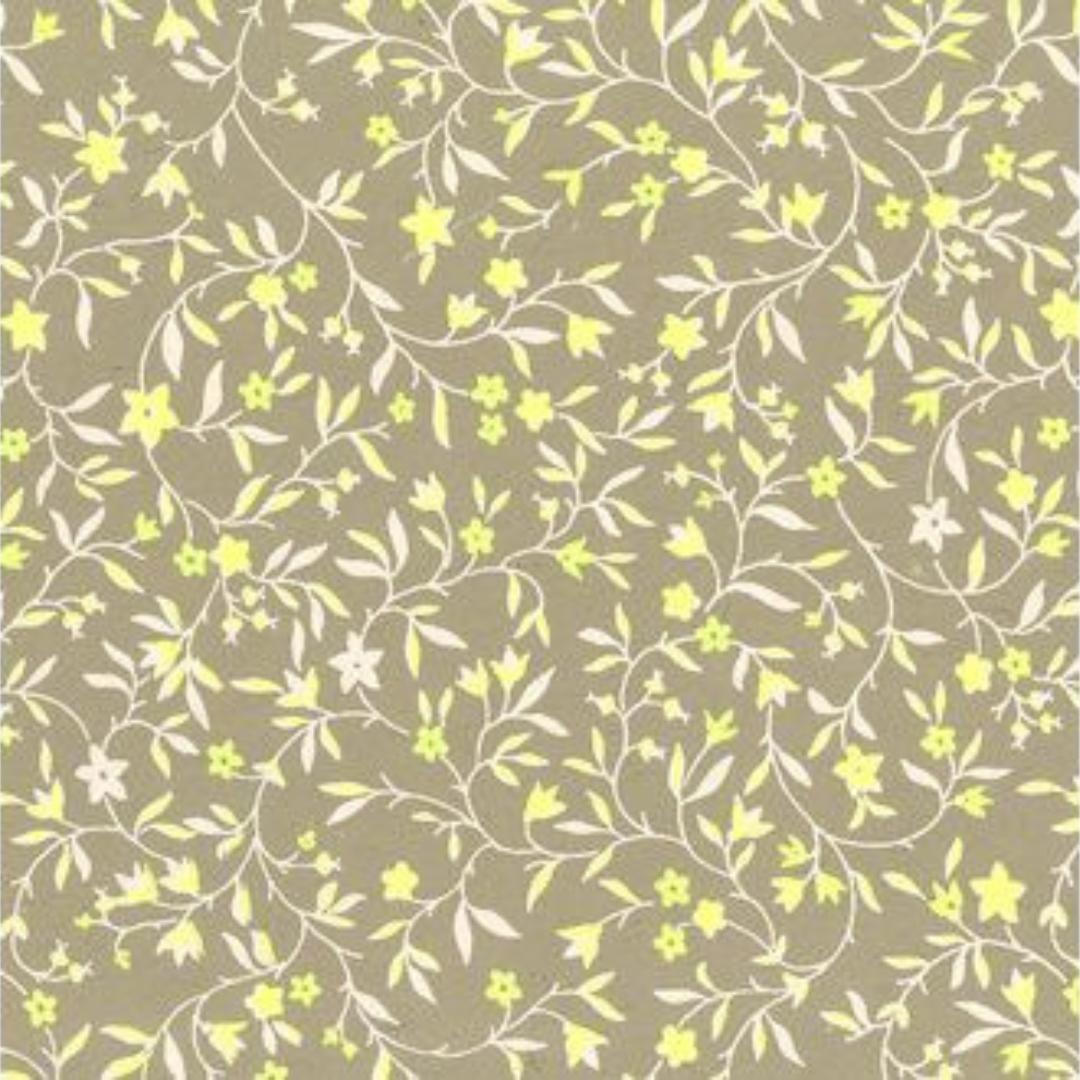 Decorative floral pattern: cream vines and pale yellow flowers on a taupe background.
