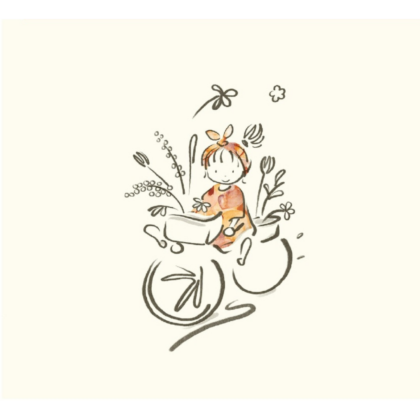 Whimsical line drawing of a girl in an orange dress sitting among grasses and flowers.
