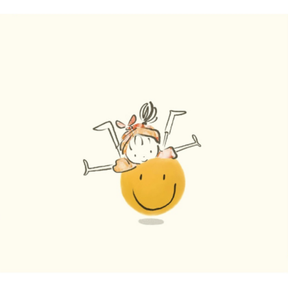 A cute drawing of a smiling yellow circle with a small girl on top, arms and legs spread out in a playful pose
