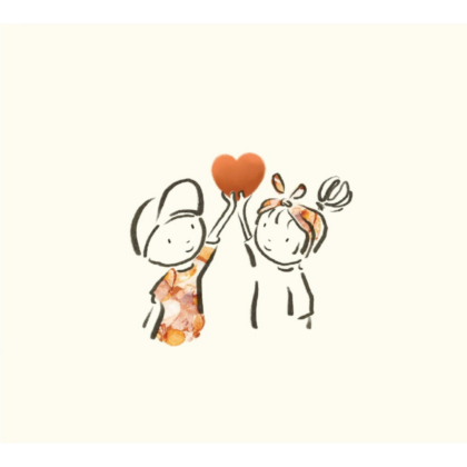 Two simple, sketchy figures hold a red heart up together, symbolizing friendship or love.