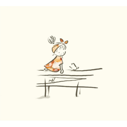 Whimsical illustration of a girl sitting on a fence beside a small bird.