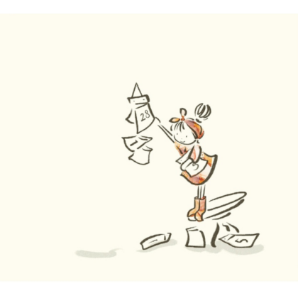 Playful illustration of a girl in boots tossing papers and money into the air, with a calendar page showing 28.