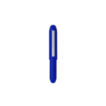Blue plastic ballpoint pen with a silver clip on the cap