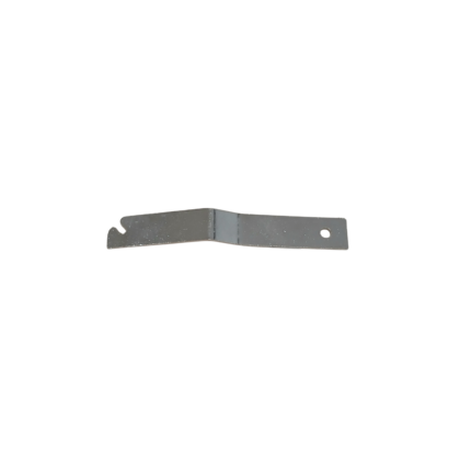 Flat gray metal strap with a right-angle bend, one end has a curved notch and the opposite end features a circular mounting hole.