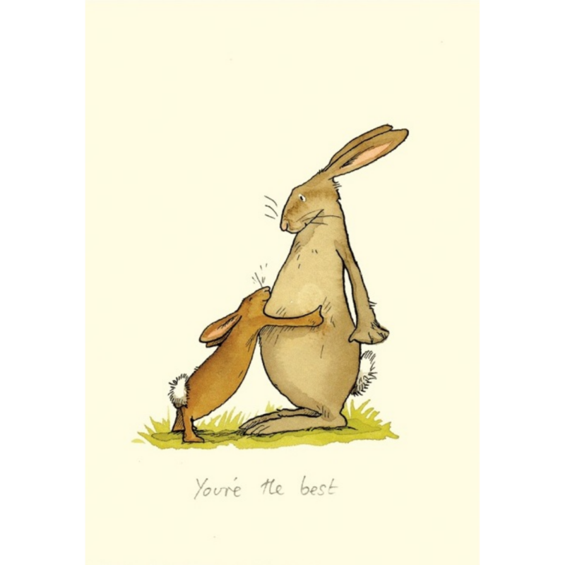 carte postale dessinée par anita jeram représentant un petit lapin qui enlace un parent lapin