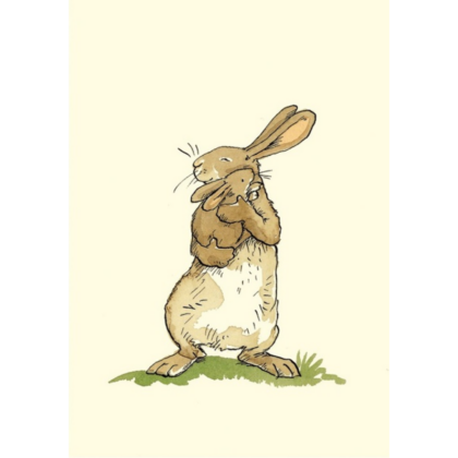 carte postale illustrée par anita jeram représentant un petit lapin dans les bras d'un autre lapin