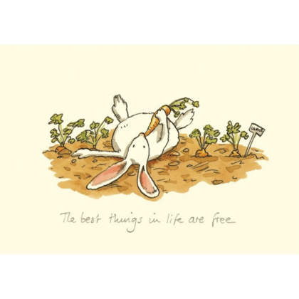 carte postale dessinée par anita jeram représentant un lapin couché dans un champs de carottes