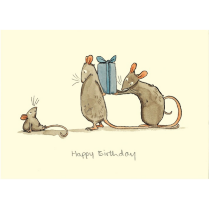 carte postale illustrée par anita jeram représentant deux souris qui offrent un cadeau d'anniversaire à un souriceau