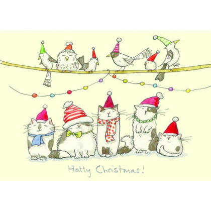 carte postale illustrée par anita jeram représentant des chats avec des chapeaux de noël