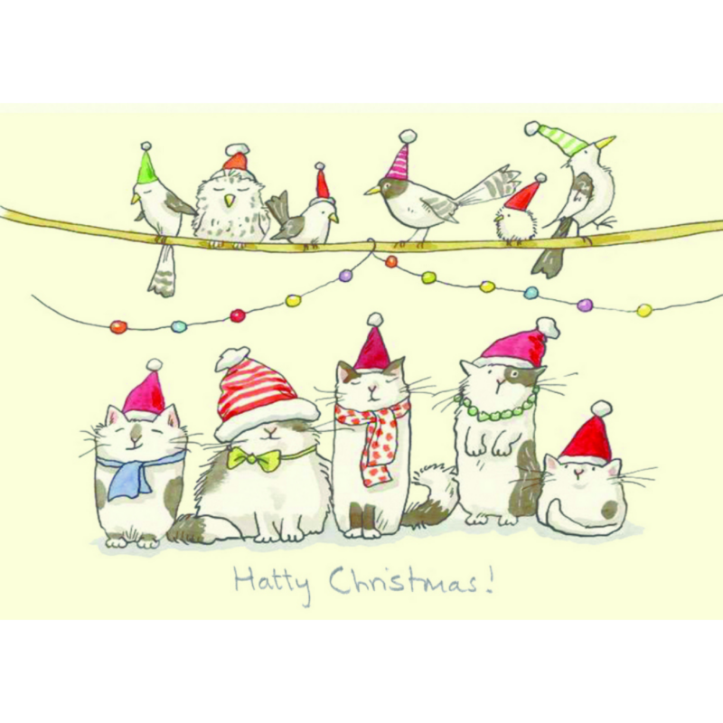 carte postale illustrée par anita jeram représentant des chats avec des chapeaux de noël