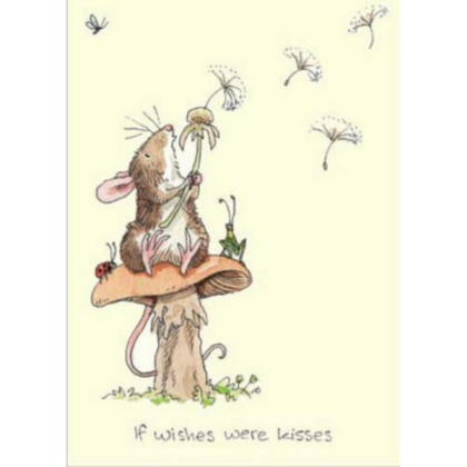 carte postale illustrée par anita jeram représentant une souris sur un champignon et qui souffle sur un pissenlit