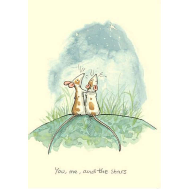 carte postale d'anita jeram représentant deux souris sous les étoiles
