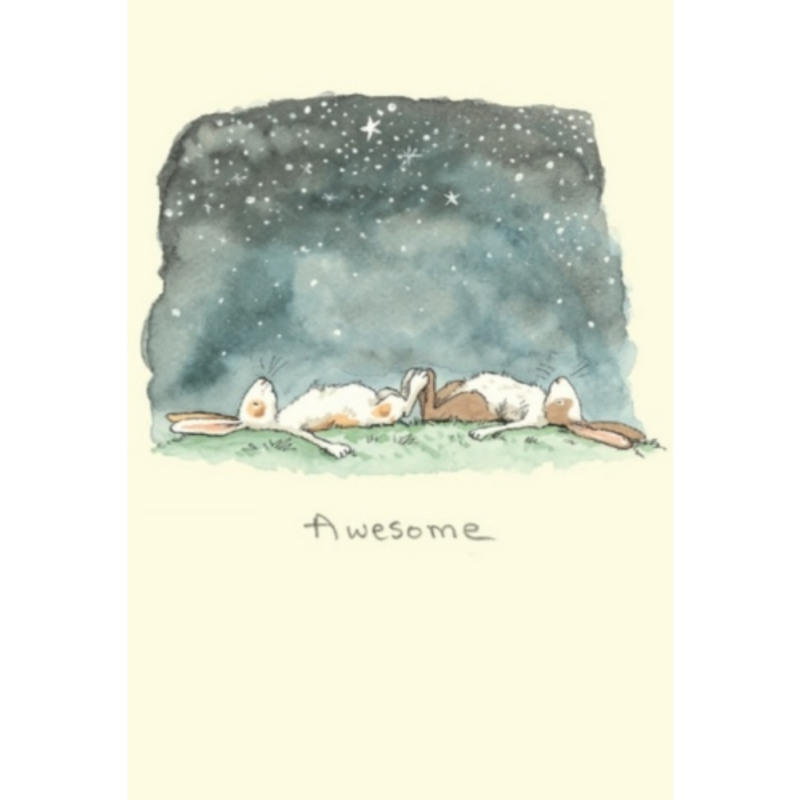carte postale illustrée par anita jeram représentant deux lapins sous les étoiles
