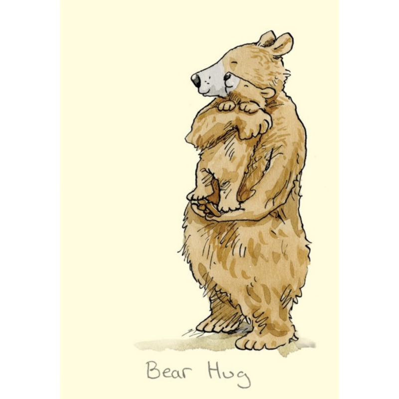 carte postale illustrée par anita jeram et éditée aux éditions two bad mice représentant un ours faisant un calin à un ourson