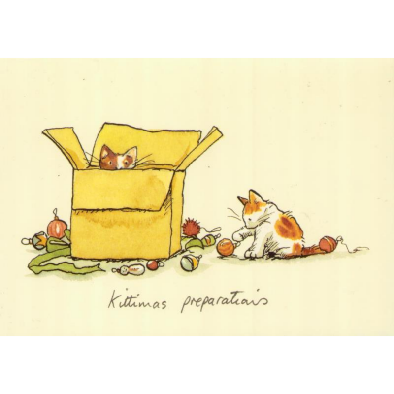 Carte de voeux avec texte en anglais représentant un grand lapin portant un sapin pour Noël aidé par un petit lapin