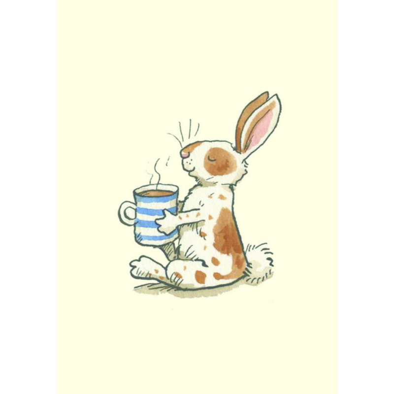 carte postle illustrée par anita jeram et éditée par two bad mice représentant un lapin avec une tasse fumante