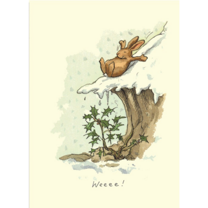 carte postale illustrée par anita jeram représentant un lapin qui glisse dans la neige
