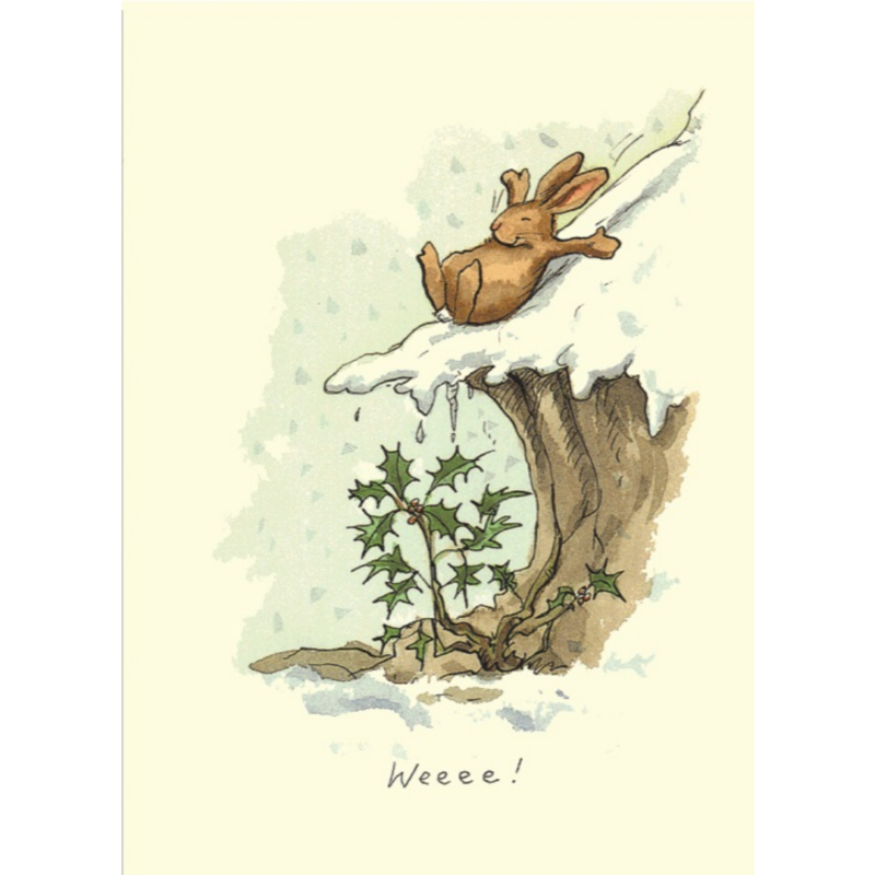 carte postale illustrée par anita jeram représentant un lapin qui glisse dans la neige