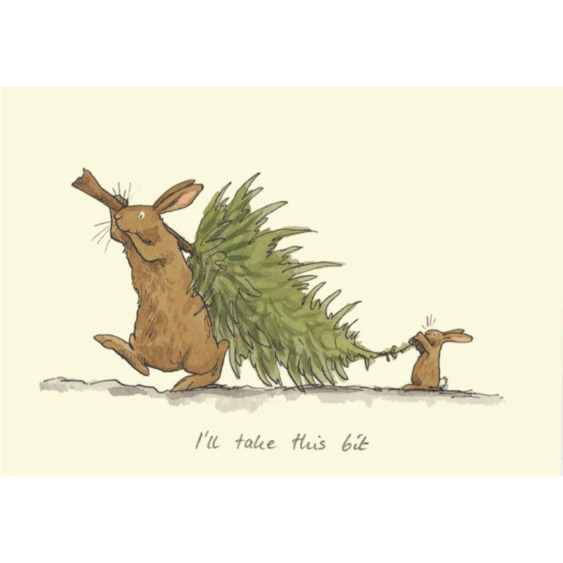 Carte de voeux avec texte en anglais représentant un grand lapin portant un sapin pour Noël aidé par un petit lapin