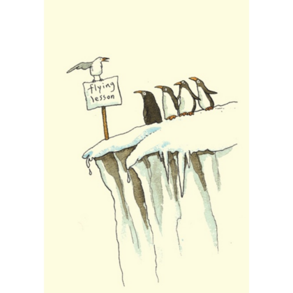 carte postale illustrée par anita jeram représentant des pingouins qui apprennent à voler