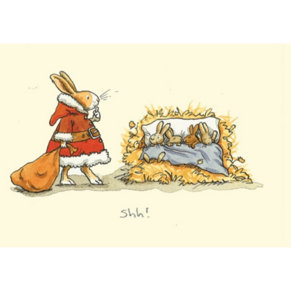 carte postale illustrée par anita jeram et éditée aux éditions two bad mice représentant un lapin déguisé en père noel avec une hotte de cadeaux