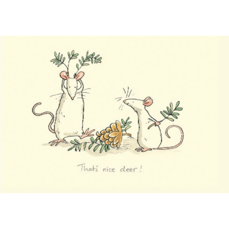 Carte de voeux avec texte en anglais représentant deux souris blanches jouant avec des branches de sapin et une pomme de pin