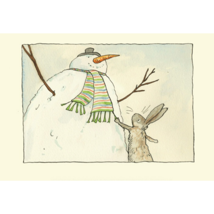 Carte de voeux avec texte en anglais représentant un lapin qui touche l'écharpe d'un bonhomme de neige