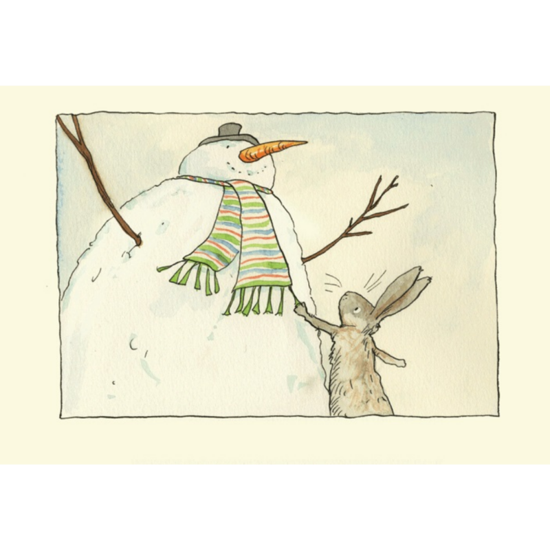 Carte de voeux avec texte en anglais représentant un lapin qui touche l'écharpe d'un bonhomme de neige