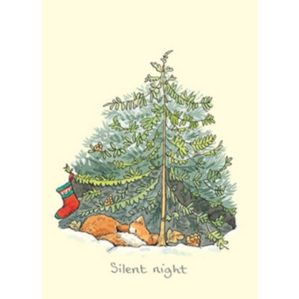 carte postale illustrée par anita jeram représentant un renard qui dort sous un sapin