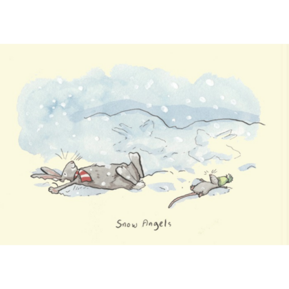 carte postale illustrée par anita jeram représentant des animaux faisant une forme d'ange dans la neige
