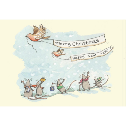 carte postale d'anita jeram représentant des animaux qui regarde un moineau qui tient une banderole merry christmas