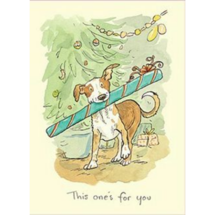 carte postale illustrée par Anita jeram représentant un chien tenant un cadeau de Noël dans sa bouche