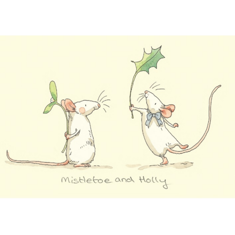 carte postale illustrée par anita jeram représentant deux souris qui tiennent du houx et du gui