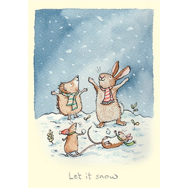 carte postale illustrée par anita jeram et éditée aux éditions two bad mice représentant des animaux sous la neige