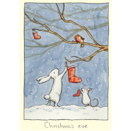 carte postale illustrée par anita jeram et éditée aux éditions two bad mice représentant des lapins devant un arbre de noel