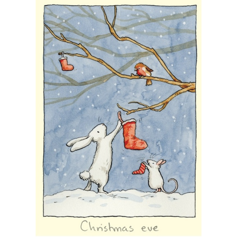 carte postale illustrée par anita jeram et éditée aux éditions two bad mice représentant des lapins devant un arbre de noel