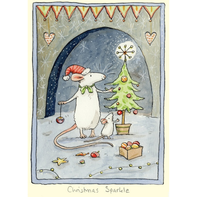 carte postale illustrée par anita jeram représentant deux souris dans un décor de noël