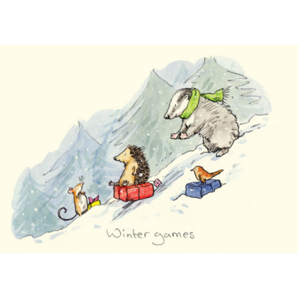 carte postale illustrée par anita jeram et éditée aux éditions two bad mice représentant des animaux faisant de la luge