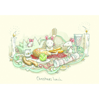 carte postale illustrée par anita jeram et éditée aux éditions two bad mice représentant des souris devant un repas de fête