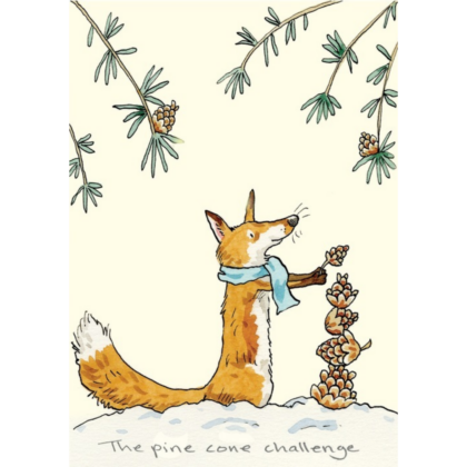 carte postale illustrée par anita jeram représentant un renard qui fait une tour de pommes de pin