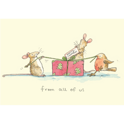 carte postale d'anita jeram illustrant des animaux qui emballent un cadeau