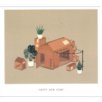 Cardboard-box house with potted plants, string lights, and 'This Way Up' label; a fragile box scene for a 'Happy New Home' message.