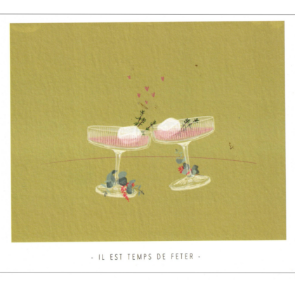 Two champagne coupes with pink drinks and small sprigs, set on a muted background; pink hearts rise between them. Caption: 'Il est temps de fêter' appears below.