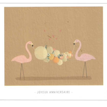 Two pink flamingos on stilts face each other with a pastel balloon bouquet between them on a beige background; hearts float above and 'Joyeux anniversaire' appears below.